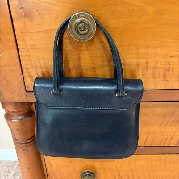 Vintage Italian Leather Small Satchel structured Hand Bag Midnight Blue Pockets - Picture 2 of 13
